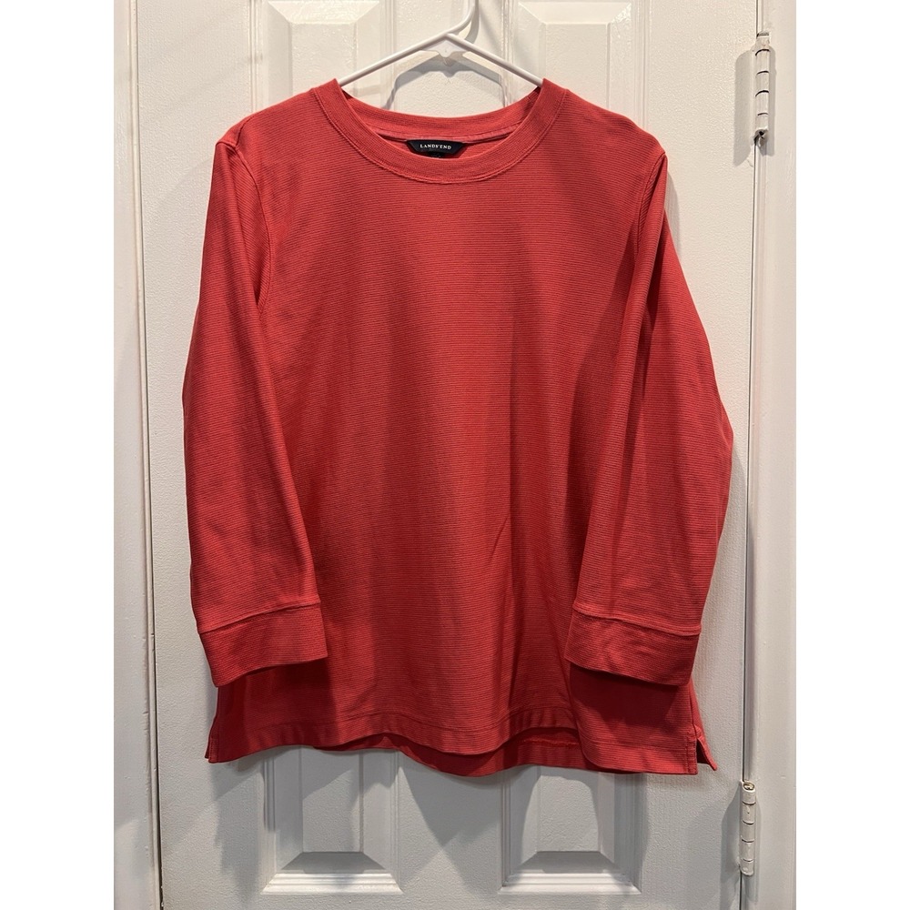 Lands End Thermal Waffle Knit Pullover Sweater Red Cotton Women L 14-16